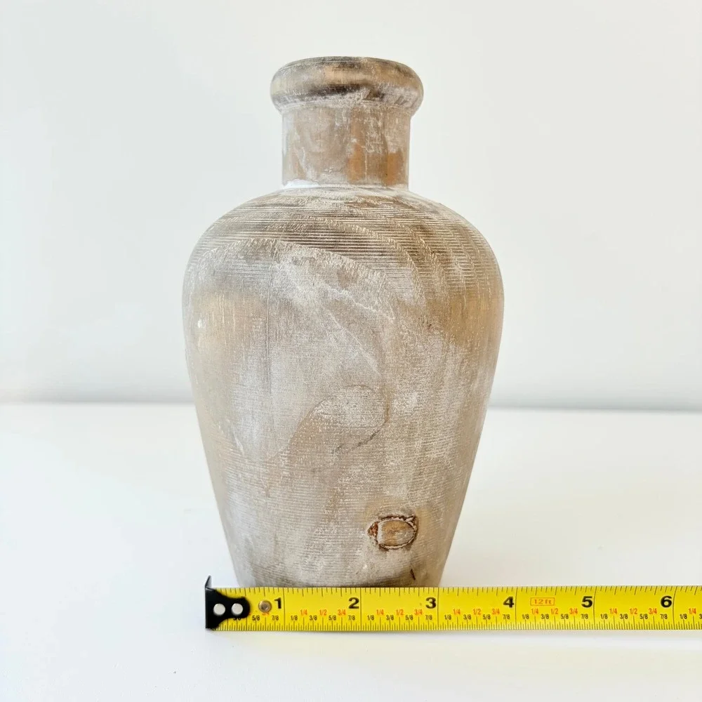 Vintage Hand Carved Whitewash Wooden Vase Rustic Farmhouse Decorative Vessel 7in